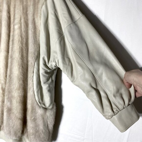 Vintage Oversized Beige Leather Tan Fur zip Front Jacket Coat XXL - Picture 9 of 16